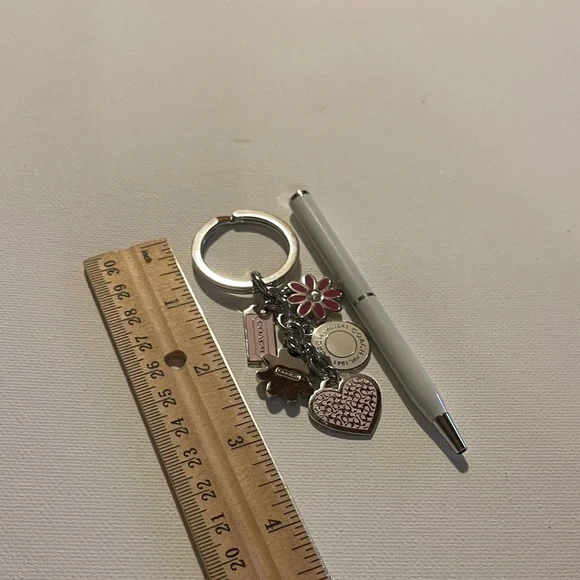 Coach Pink and Silver Floral Heart Keychain and White Coach Pen - Picture 5 of 6